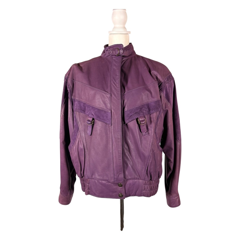 Vintage 80s Purple Leather Bomber Jacket Club Kid Reto New Wave Post Punk Party